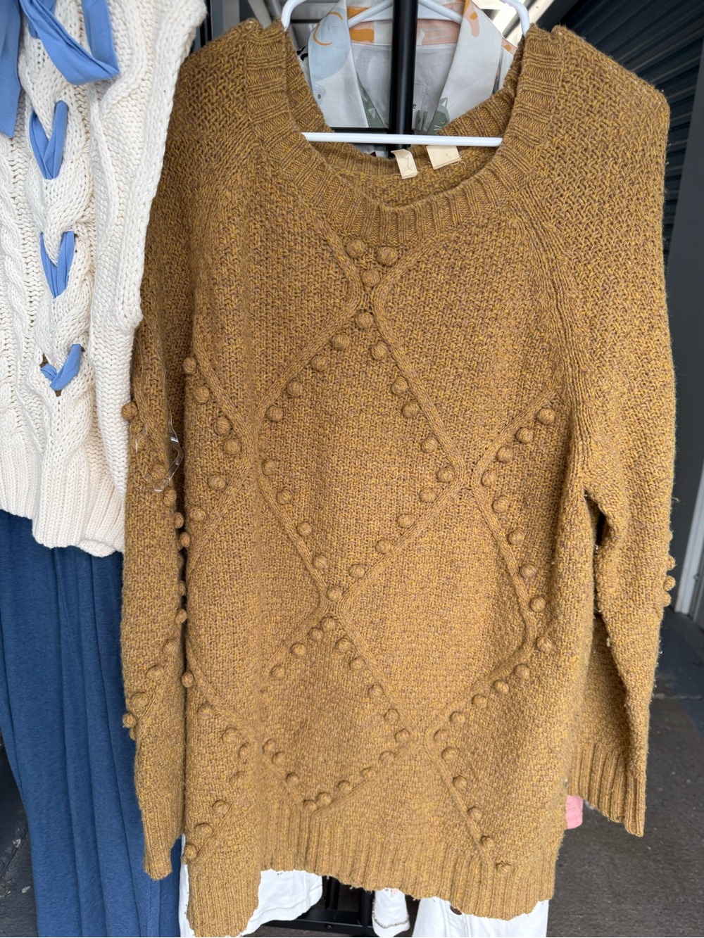 Anthropologie Mustard Pom-Pom Diamond Knit Crewneck Sweater